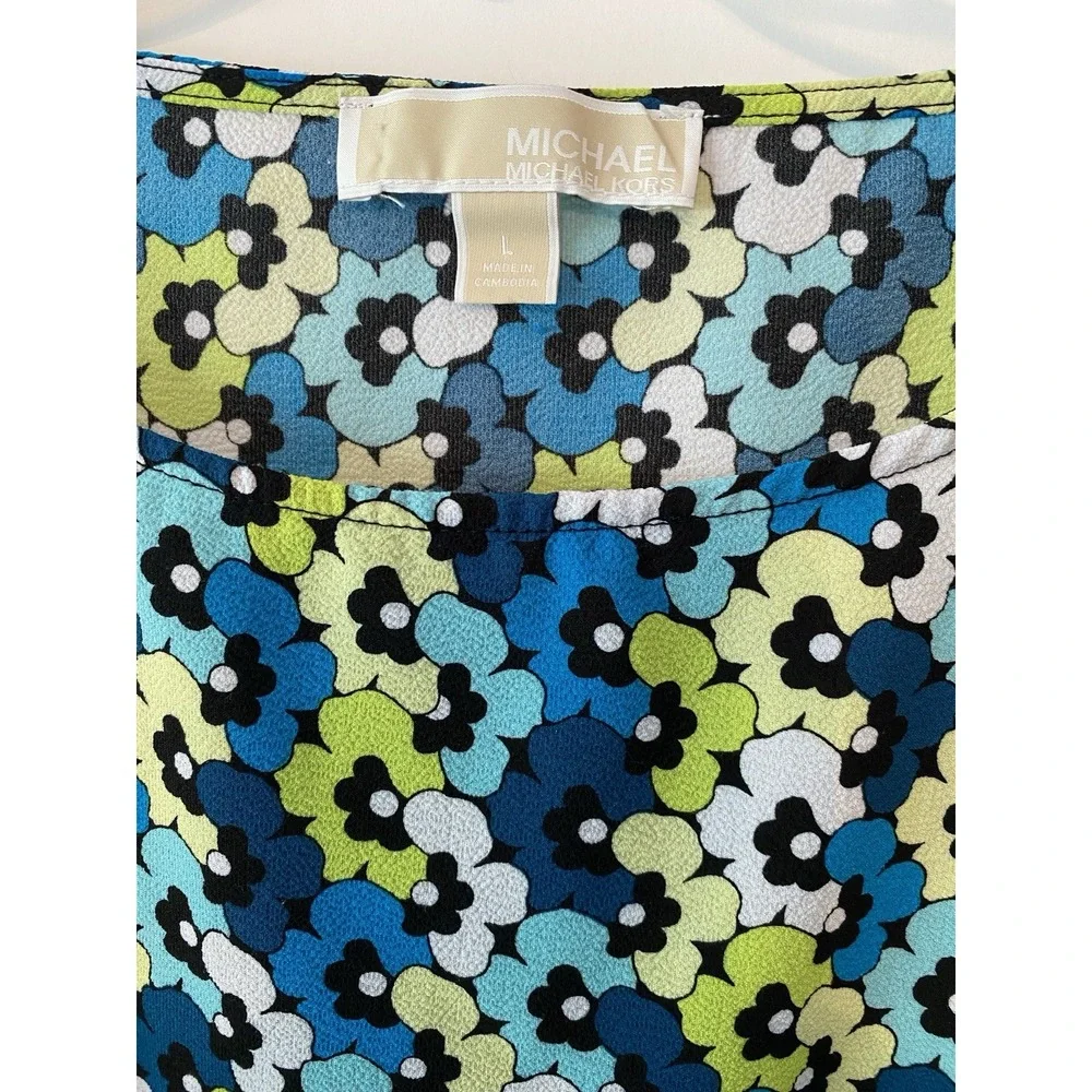 Michael Kors Short Sleeve Blouse Sz Large Smocked Hem Blue Teal Floral Designer